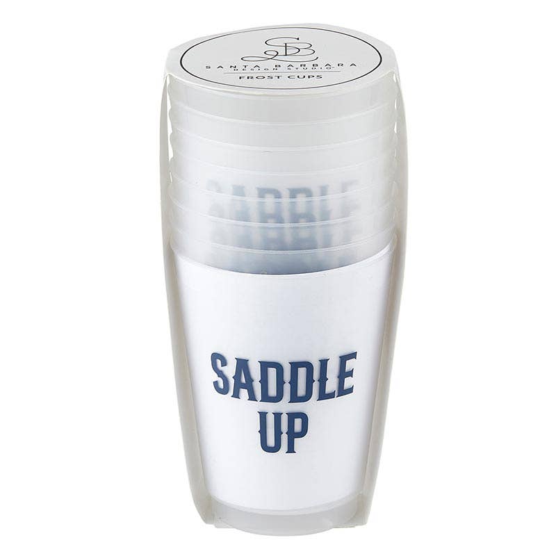frosted plastic cup set, with the saying "saddle up" written in navy blue. Perfect hostess gift