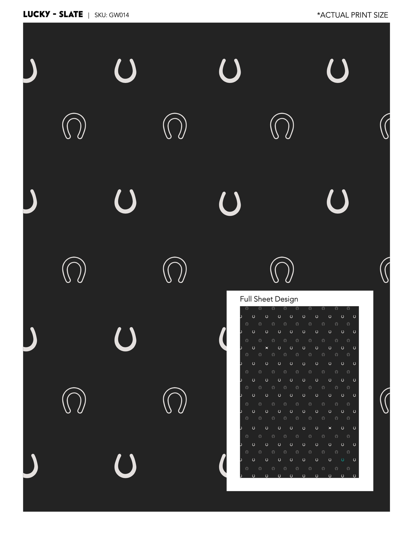 Pattern of white horseshoes on a black background with a inset showing the design scale for the equestrian gift wrap
