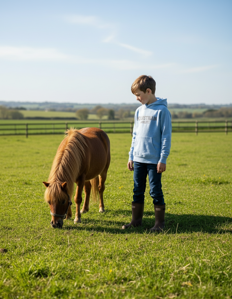 Boy standing next to a horse in a grassy field on a sunny day, wearing an Equestrian Athlete blue hoodie