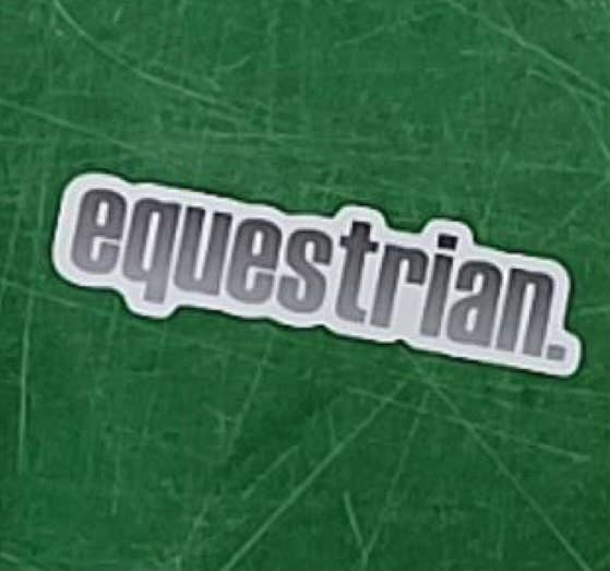 A waterproof sticker with the word 'equestrian' on a green background.High-quality waterproof equestrian sticker featuring a horse design, applied to a laptop or water bottle.