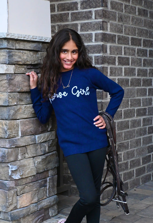 Kathryn Lily blue sweater with "horse girl", front view, great equestrian gift