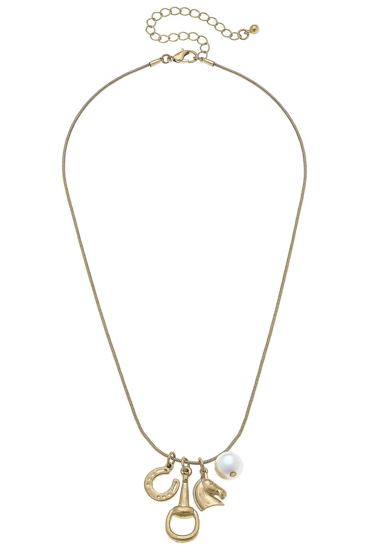 A shiny gold necklace with horse-inspired charms, including a small horse head and a horseshoe, on a white background.