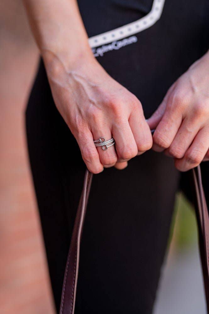 Spiral Rhinestone & Snaffle Bit Adjustable Ring | Polished Silver