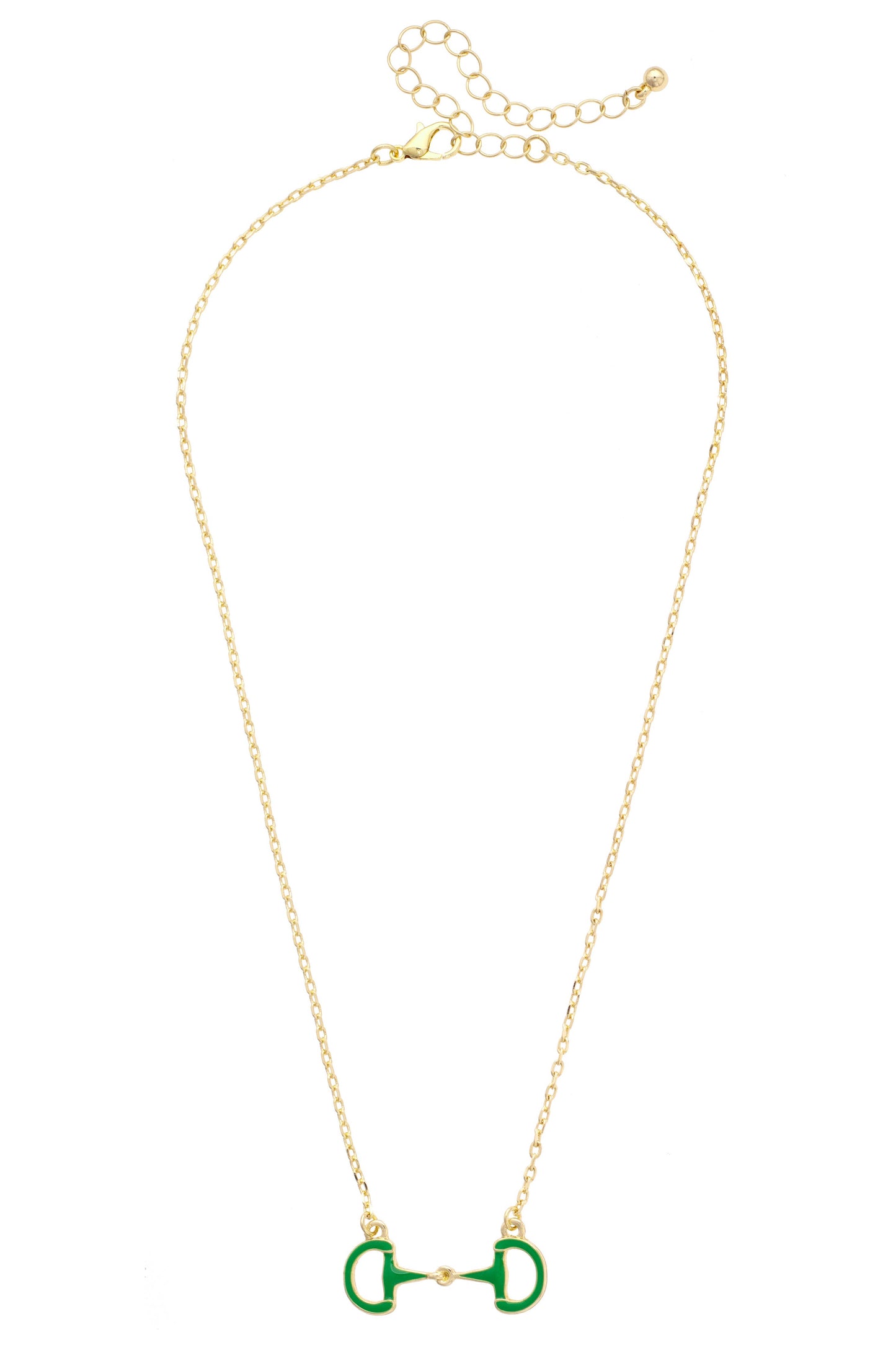 Gold necklace with a green horse bit pendant on a white background