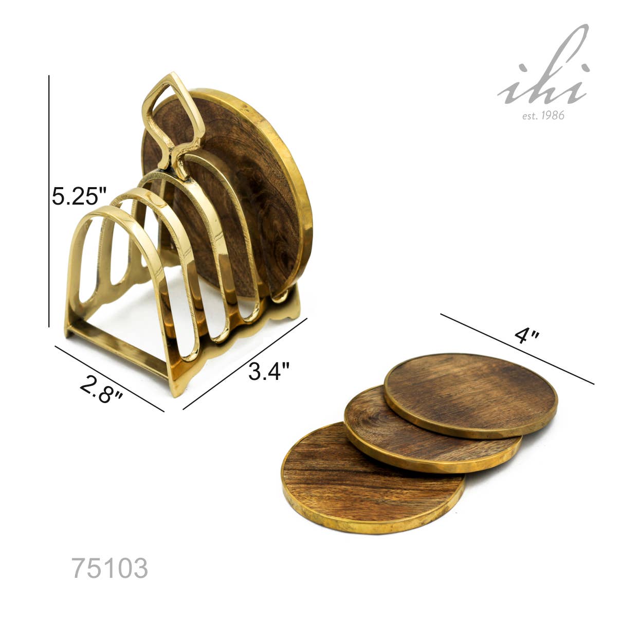 Set of 4 wooden coasters with gold edges in a brass stirrup-inspired stand, perfect for equestrian-themed home decor.