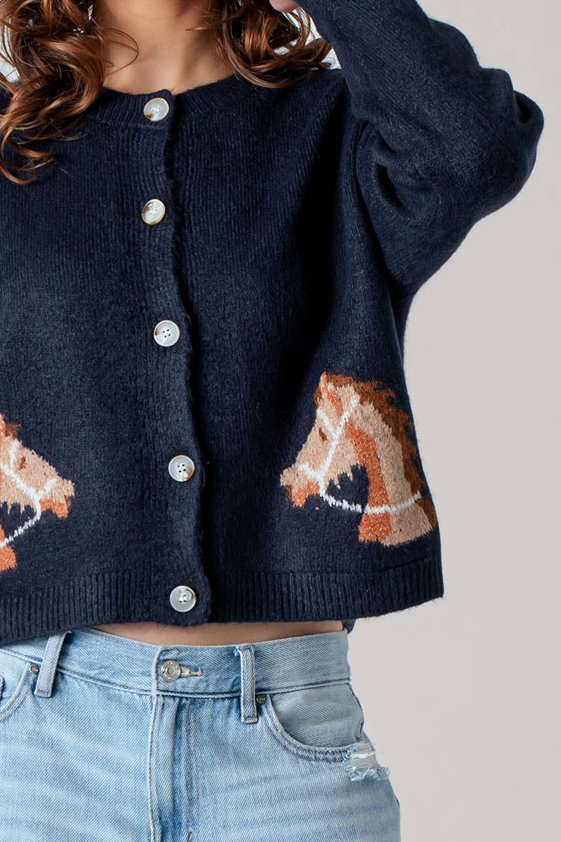 Horse Head Crew Neck Cardigan