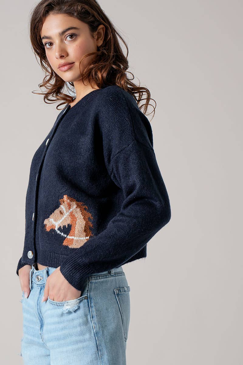 Horse Head Crew Neck Cardigan