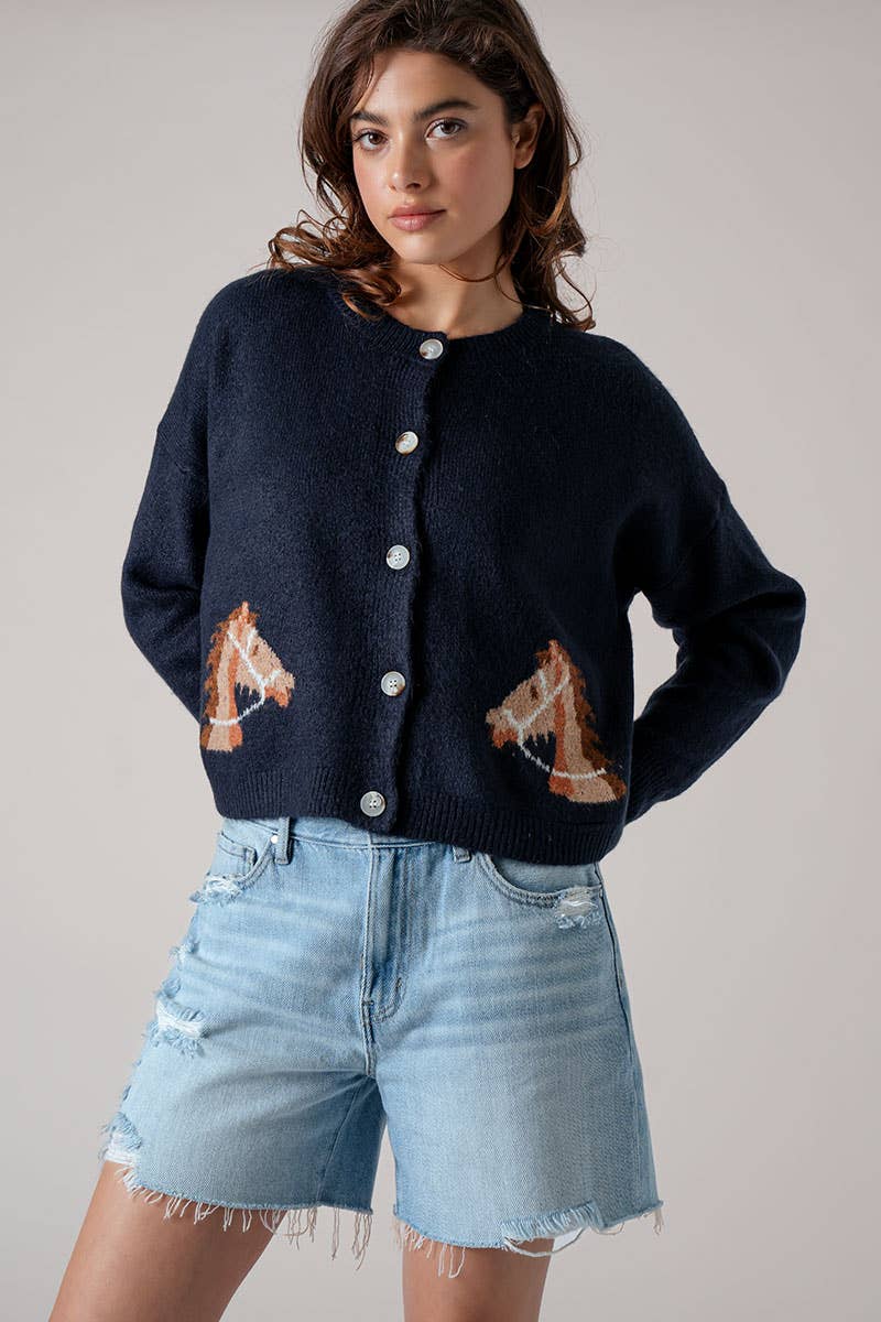 Horse Head Crew Neck Cardigan