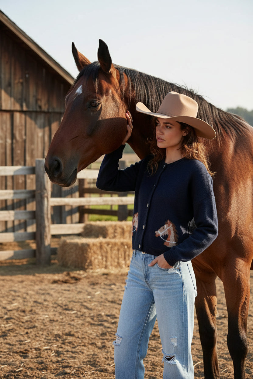 Woman wearing a navy cardigan with horse headvprints on a plain background