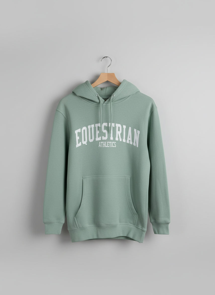 Green hoodie with 'Equestrian Athletics' text on a gray background, comfortable and soft, made in USA. 