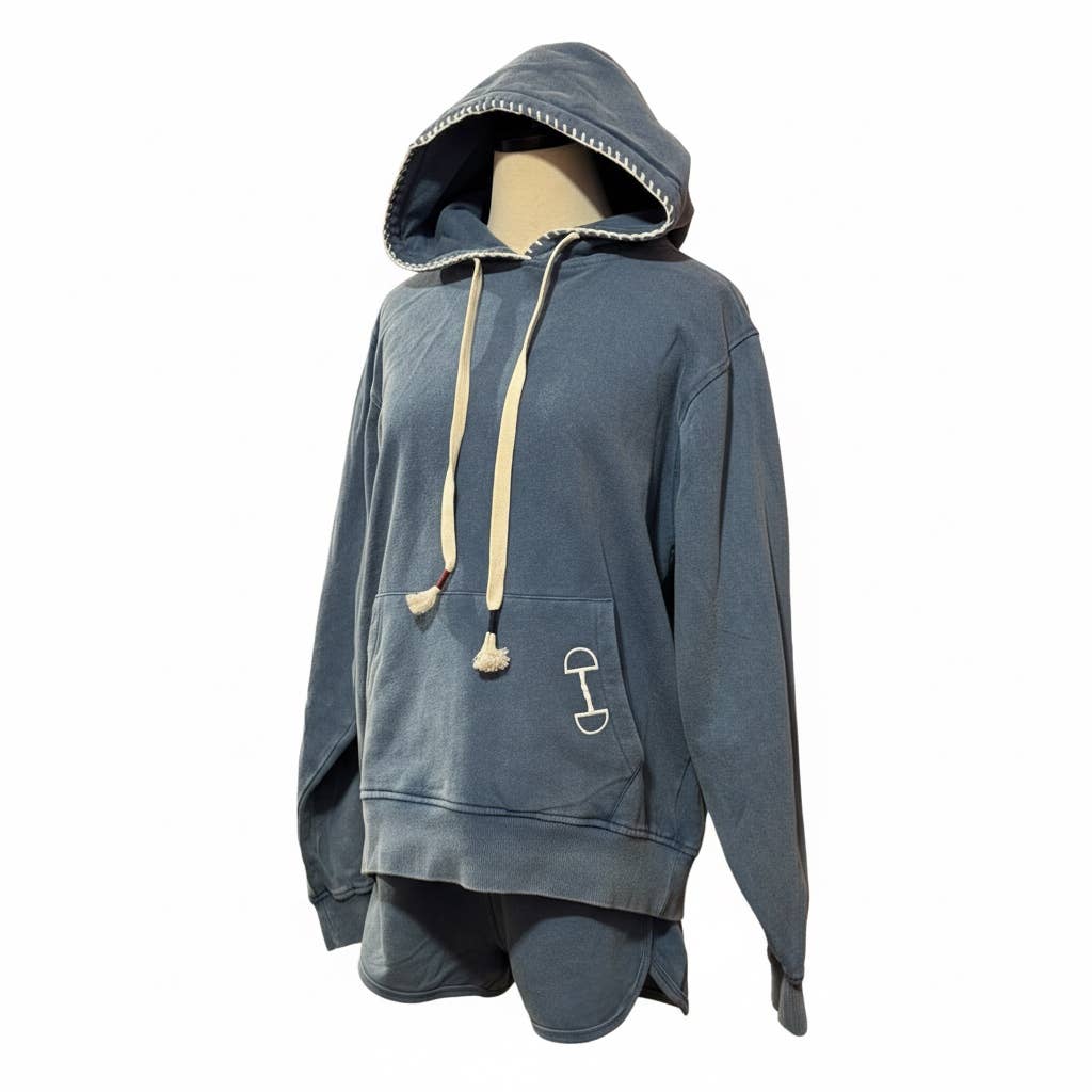 Blue hoodie with a small horse bit logo on a white background