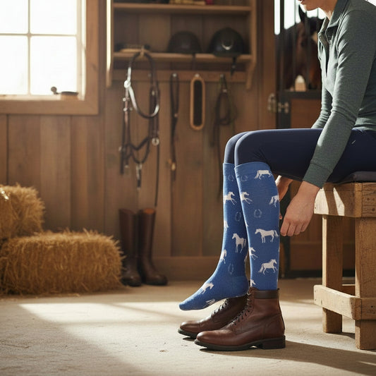 Blue socks with white horse patterns on a white background
