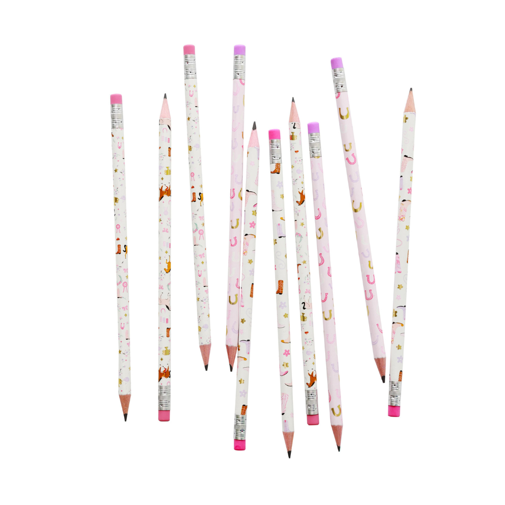 Set of pencils with decorative pony designs on a white background