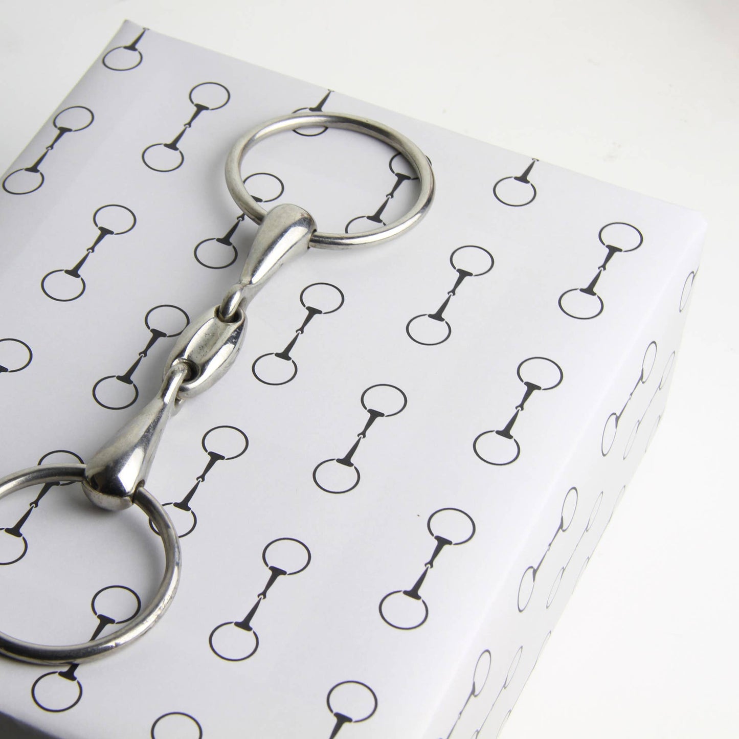 Silver bridle bit on a white background with black pattern