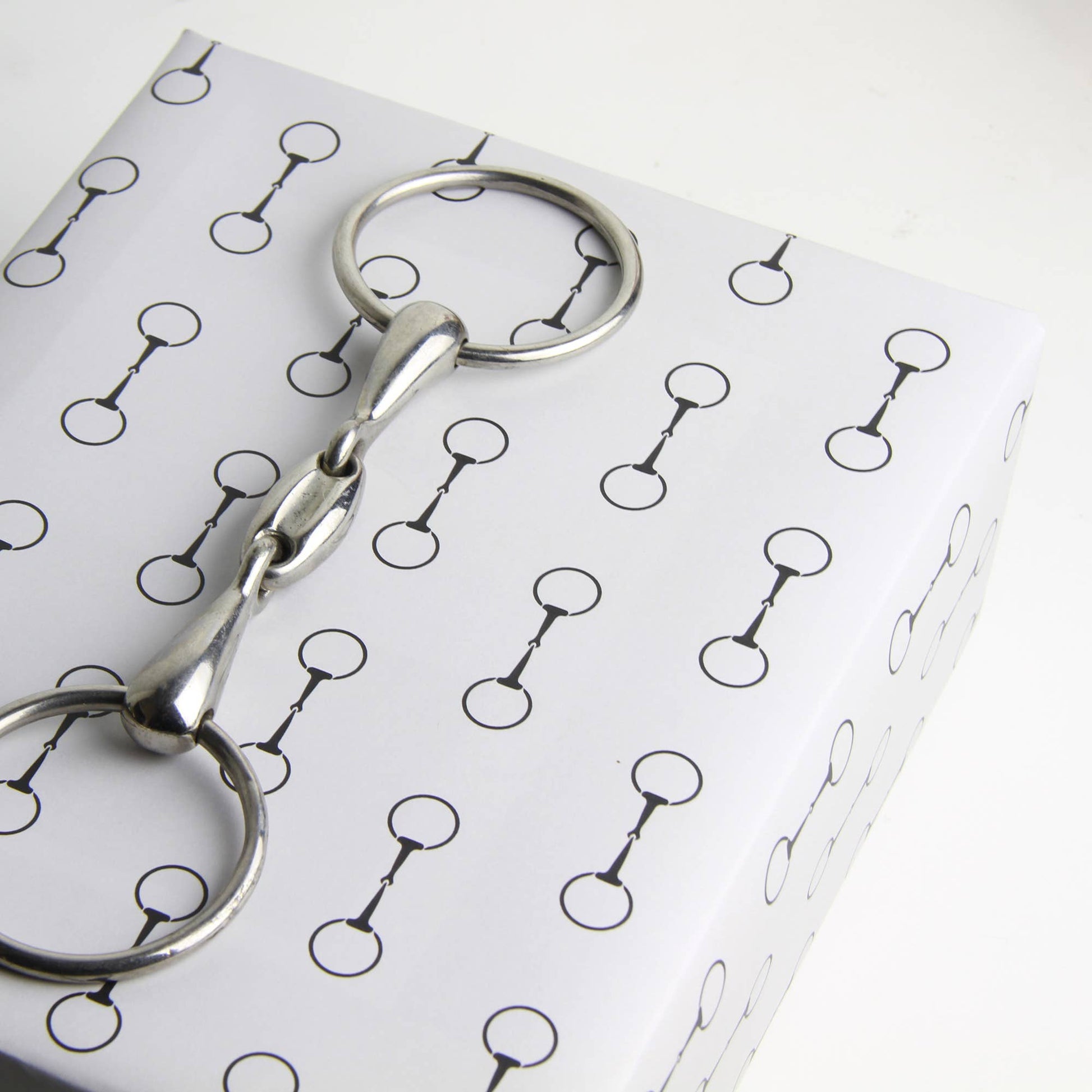 Silver bridle bit on a white background with black pattern