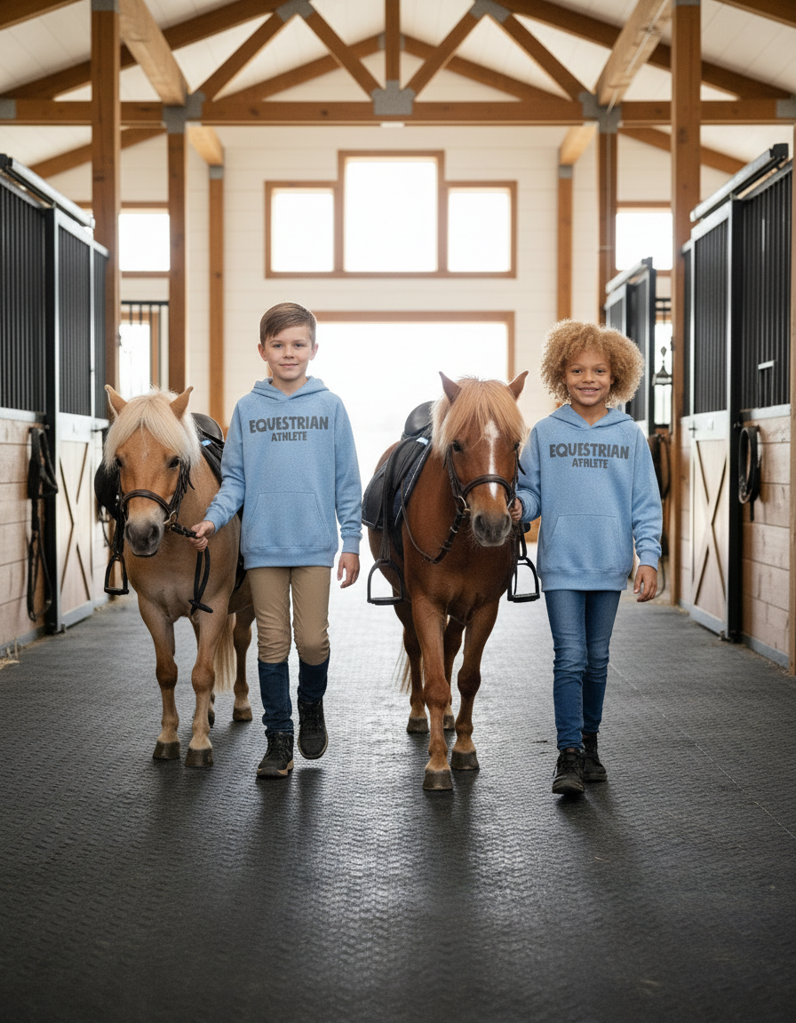 Two children in blue sweatshirts with Equestrian athlete graphic on them, walking with two horses in a stable.