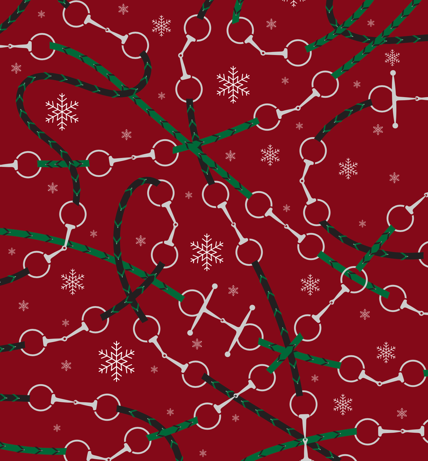 Equestrian red wrapping paper, christmas red and green with snowflake and snaffle bit designs