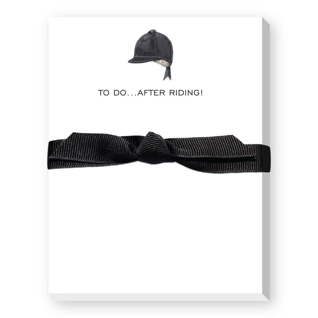 Black bow tie and cap on a white card with text 'TO DO... AFTER RIDING!'