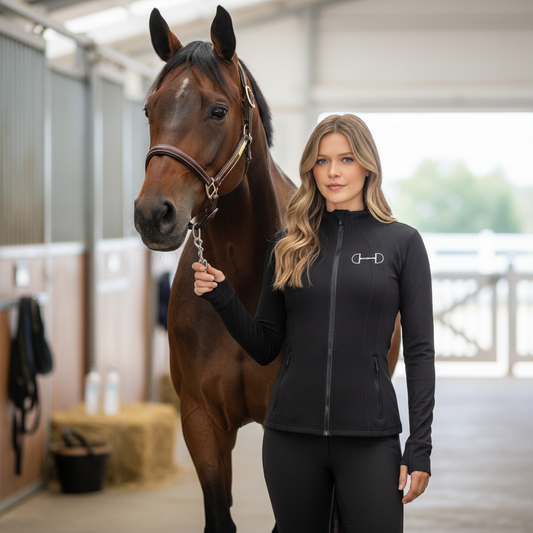 Woman in a black equestrian outfit standing next to a horse in a stable. Featuring a black jacket with horse bit design, very soft and comfortable