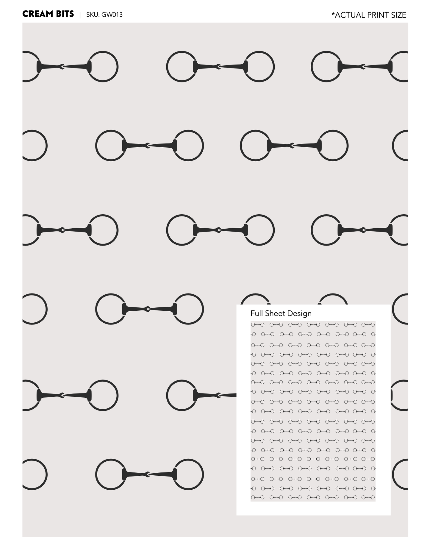 Patterned  horse bit design sheet with black circle and line pattern on a white background