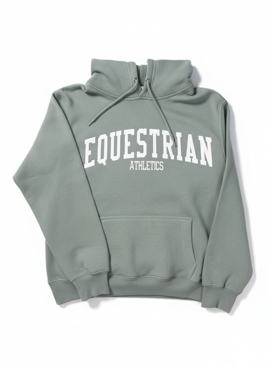 Gray hoodie with 'Equestrian Athletics' text on a white background