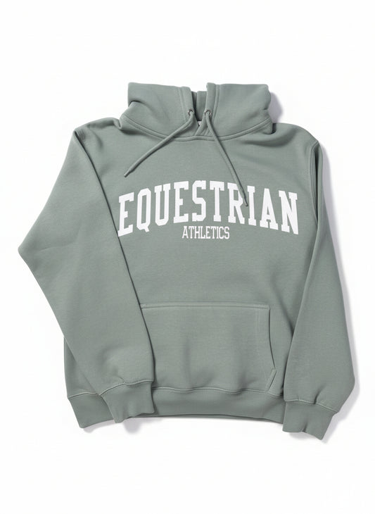 Gray hoodie with 'Equestrian Athletics' text on a white background