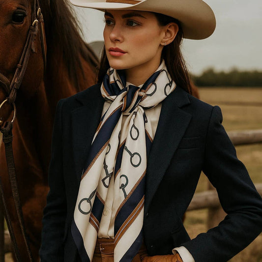 Woman in equestrian snaffle bit design scarf and equestrian attire with a horse in the background