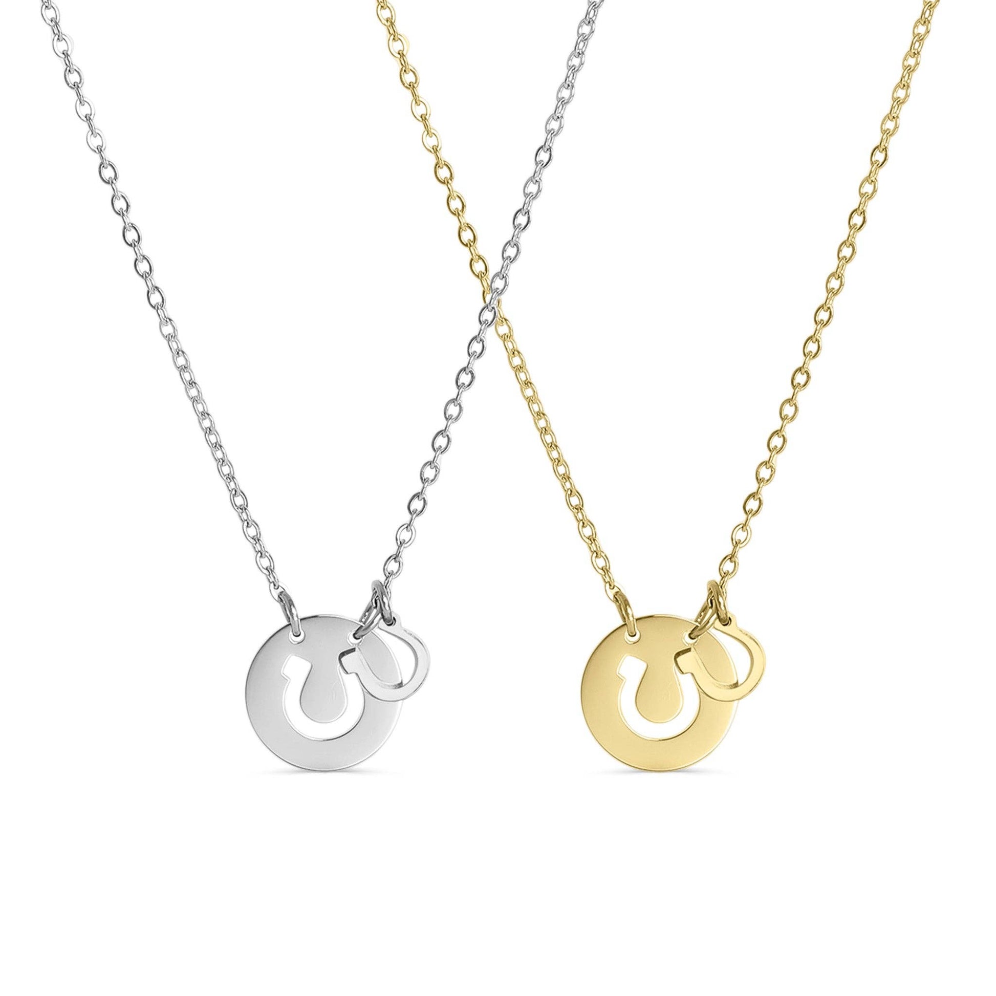 Two necklaces, one silver and one gold, with circular pendants on a white background.