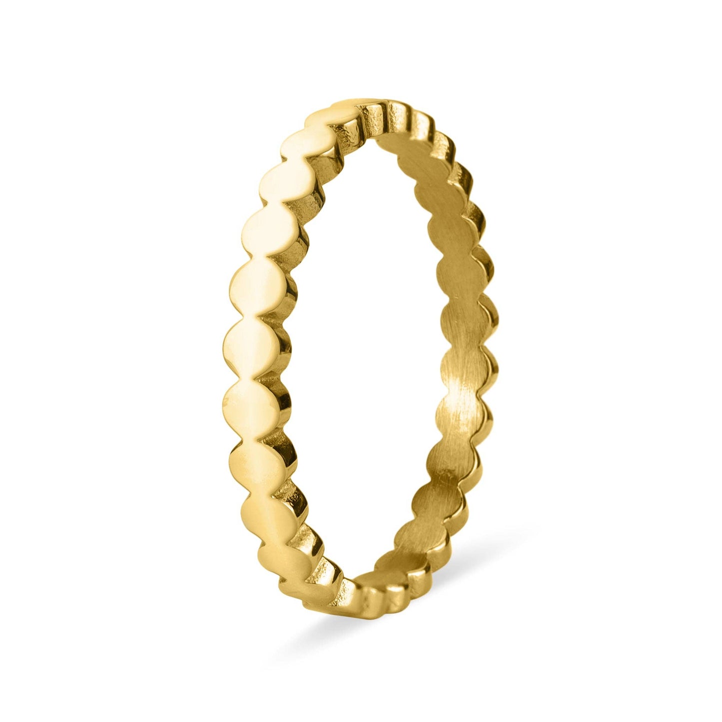 Gold ring with a textured design on a white background