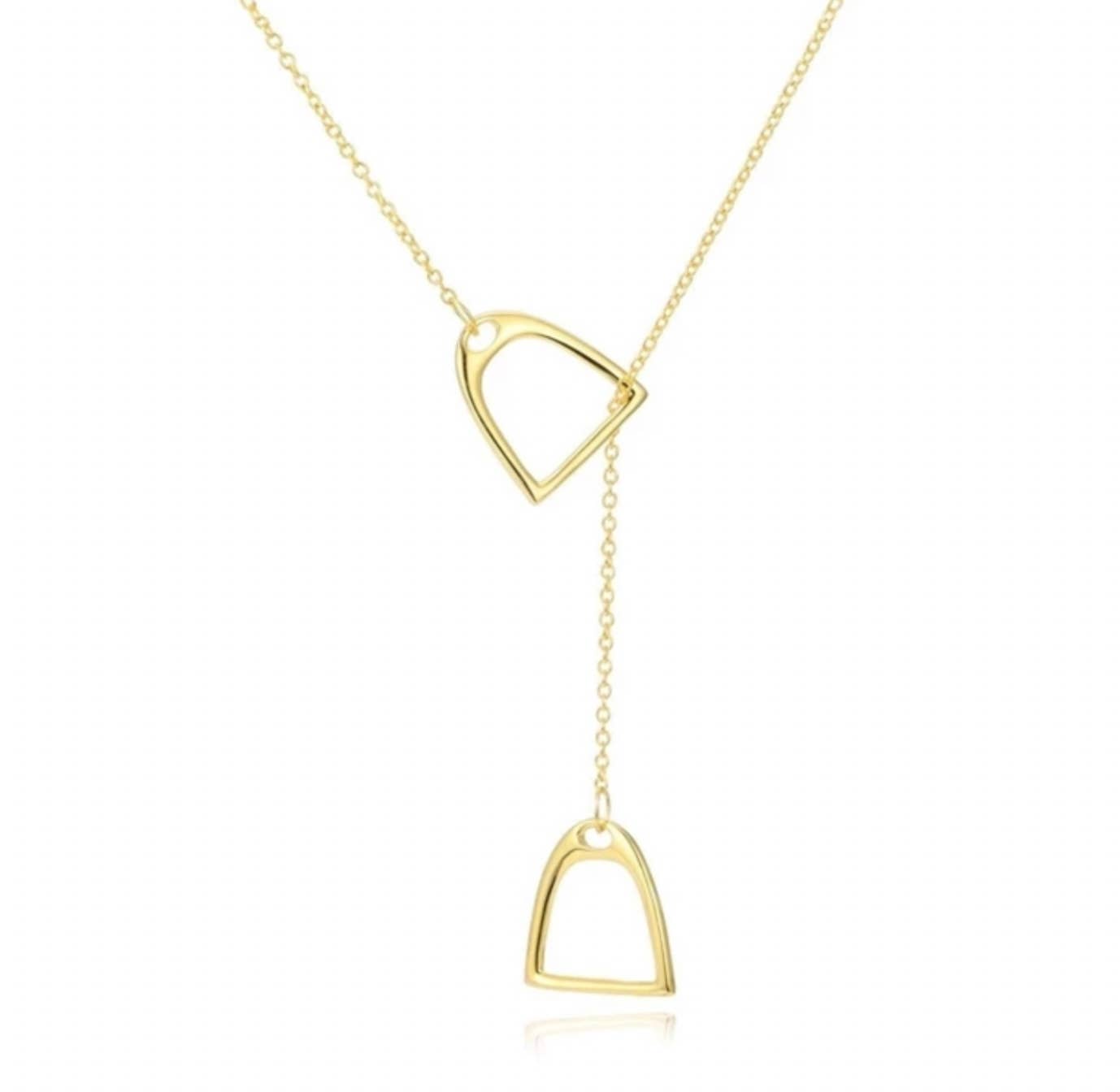 Gold necklace with two triangular pendants on a white background