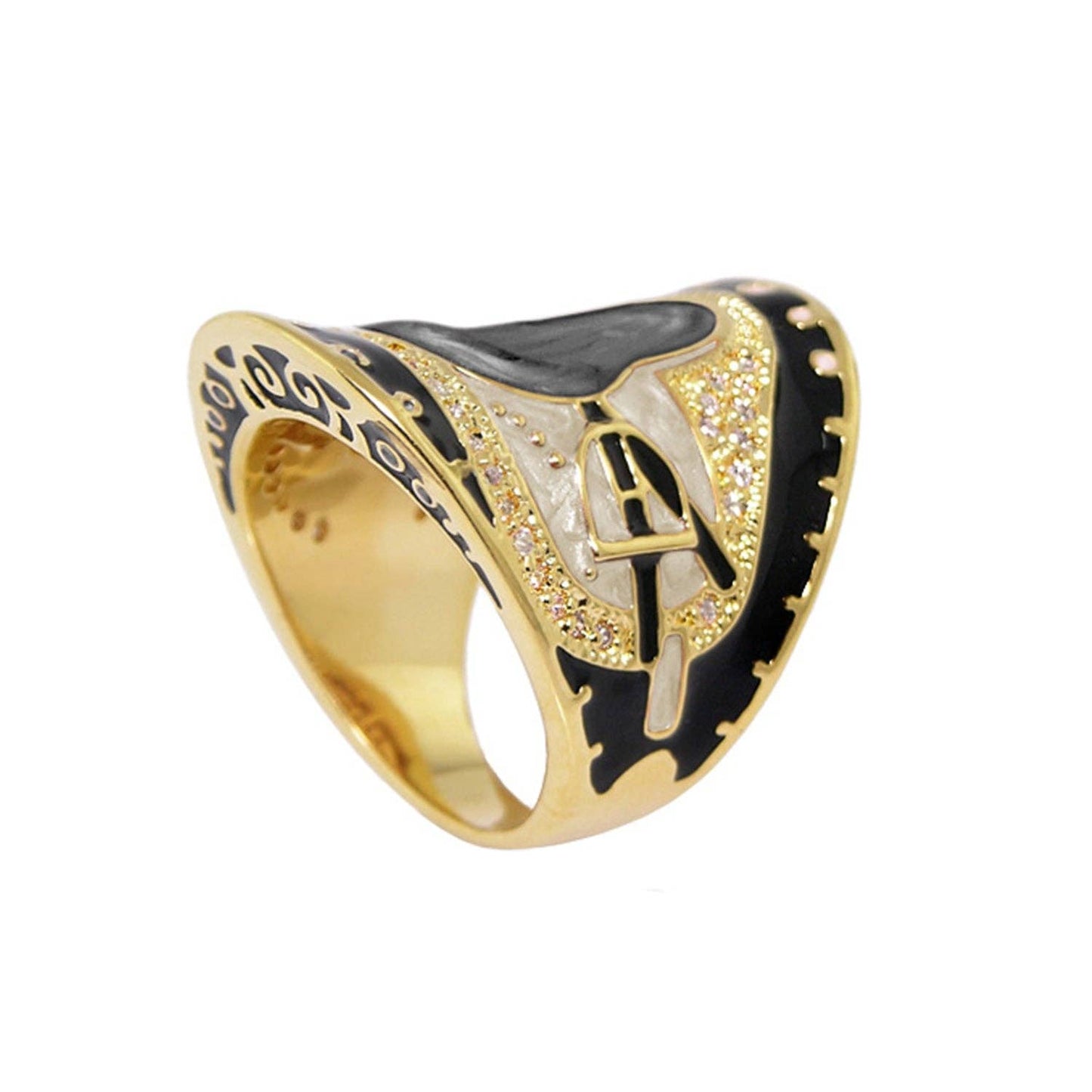 Gold and black decorative Statement ring on a white background. Ring features a horse saddle design