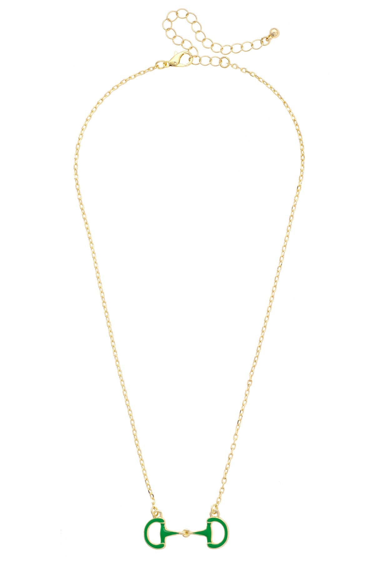 Gold necklace with a green horsebit pendant on a white background