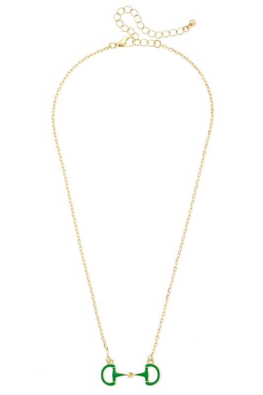 Gold necklace with a green horsebit pendant on a white background
