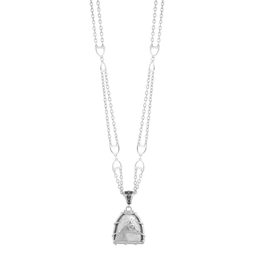 Silver necklace with a horse pendant on a white background. Equestrian gift