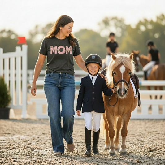 Woman wearing a gray "horse show MOM" t-shirt and child walking with a horse in an equestrian setting