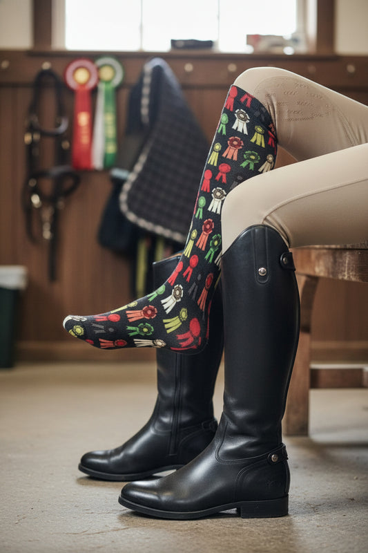 Colorful knee-high sock with abstract pattern  of equestrian ribbons on a white background
