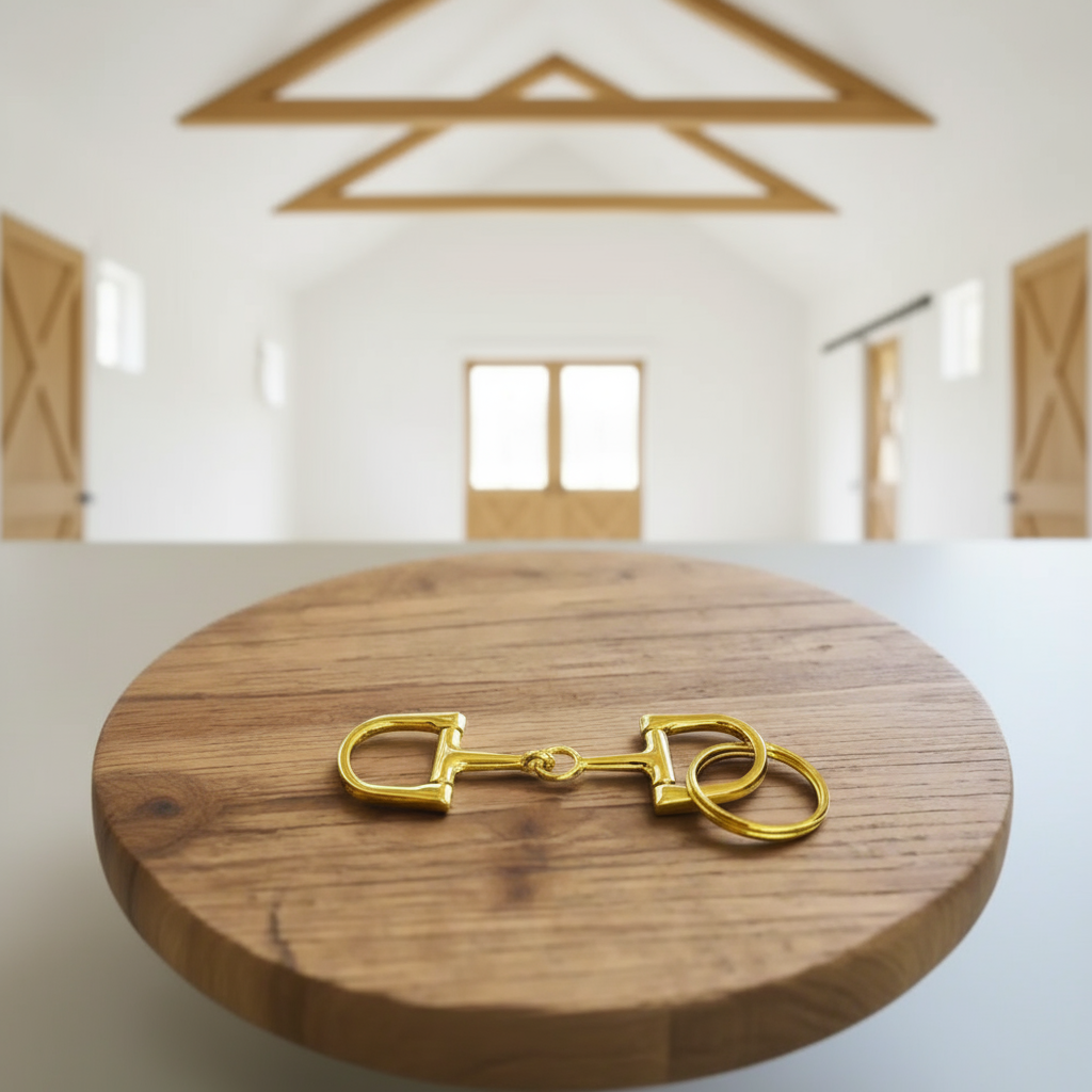 Gold snaffle bit on a wooden surface with a barn interior in the background. Horse bit key chain as an equestiran gift