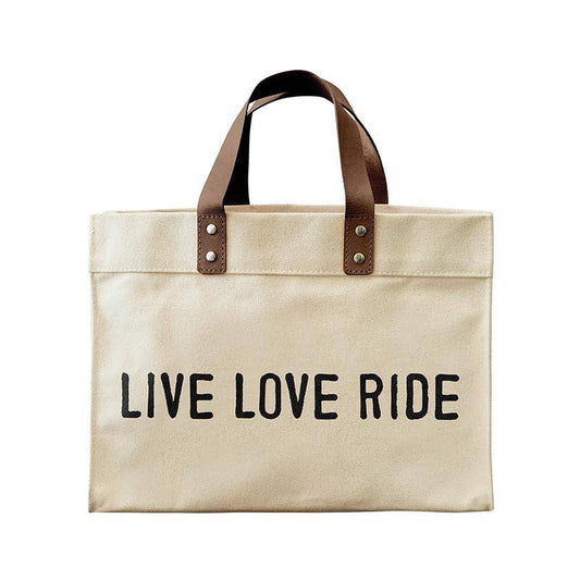 A beige mini canvas tote bag with 'LIVE LOVE RIDE' printed in black text on the front, featuring genuine leather handles and metal rivets.