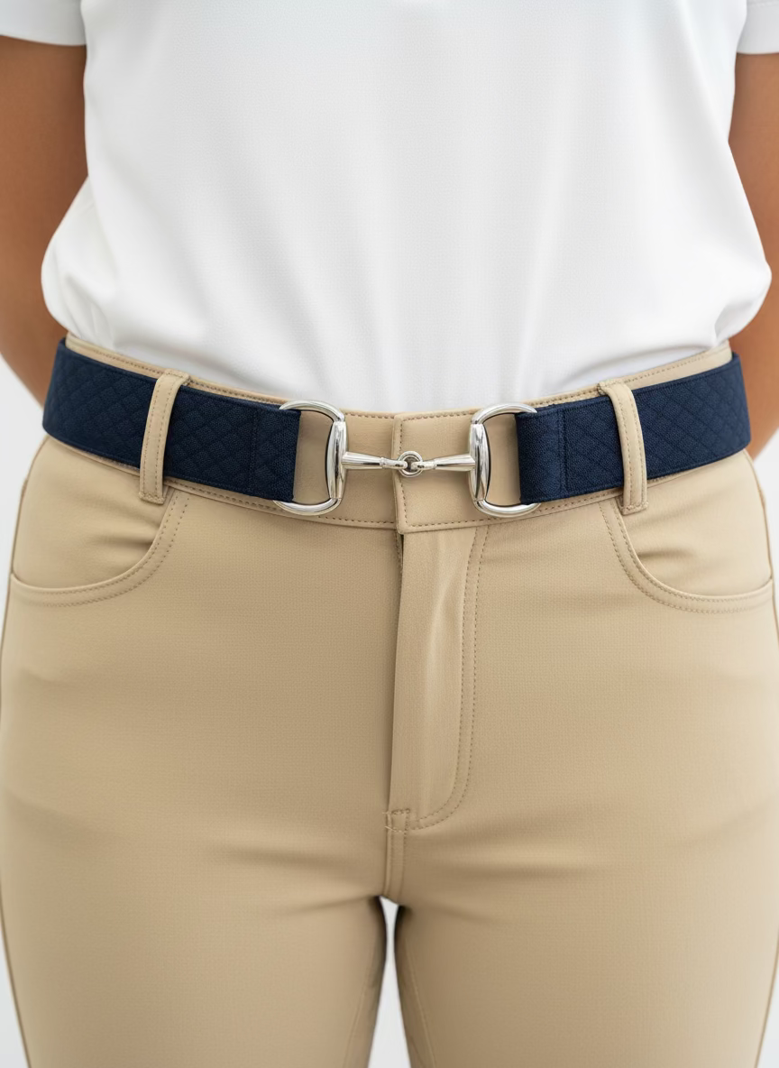 Beige pants with a navy adjustable riding belt and white shirt on a neutral background