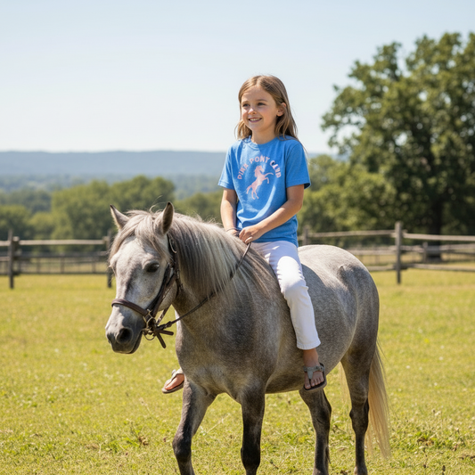 Young girl WEARING A BLUE T-SHIRT SAYING PINK PONY CLUB riding a horse in an open field 