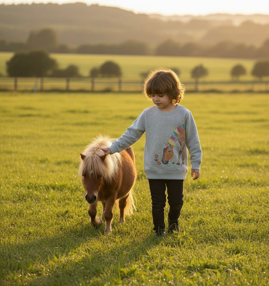 A gray sweatshirt with embroidered horse and pony designs, presented on a flat surface with decorative items around it.