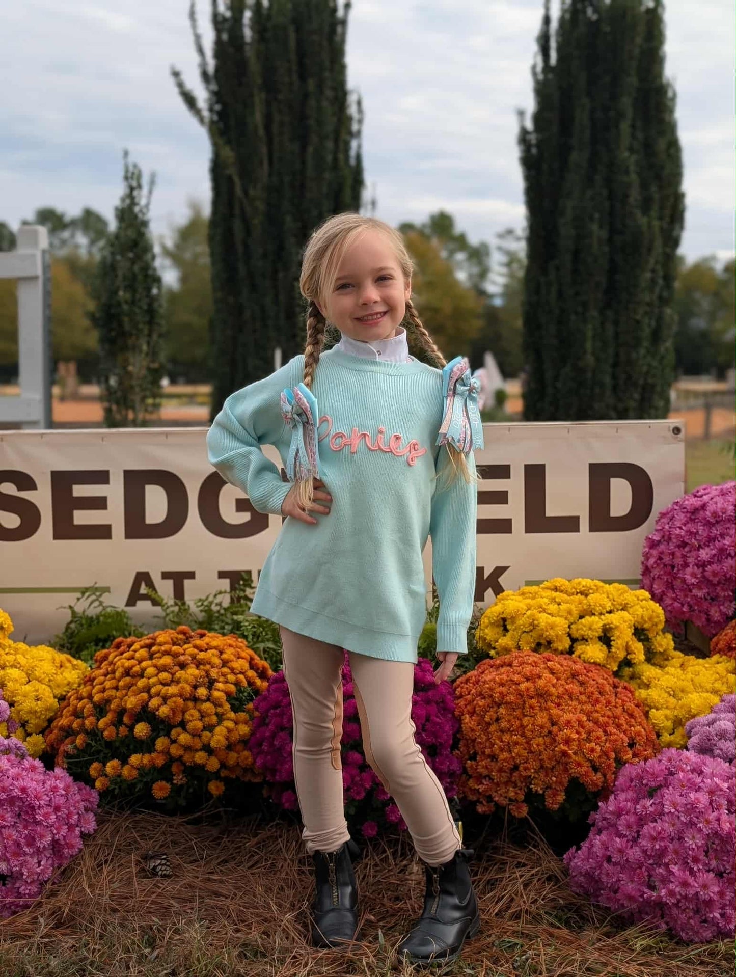 Teal sweater with "ponies" across the chest, front view