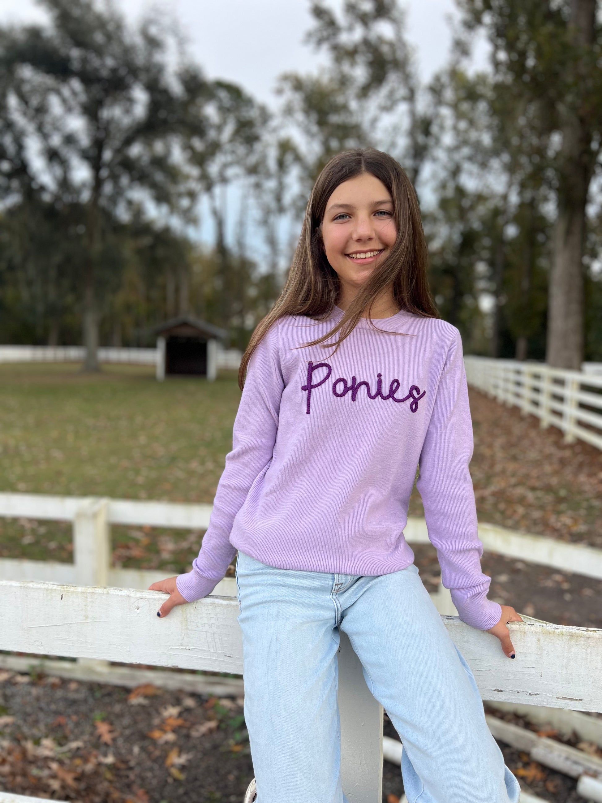 Purple Ponies Sweater on a teen girl, sitting on a fence at a horse farm.