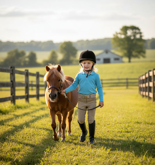 Child wearing a gold sparkle belt walking a pony in a grassy field with a fence and trees in the background