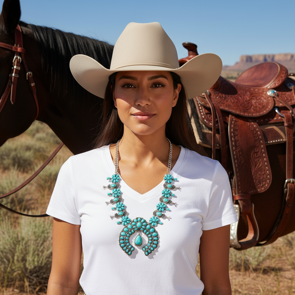Turquoise Squash blossom necklace on woman in desert with a horse in the background