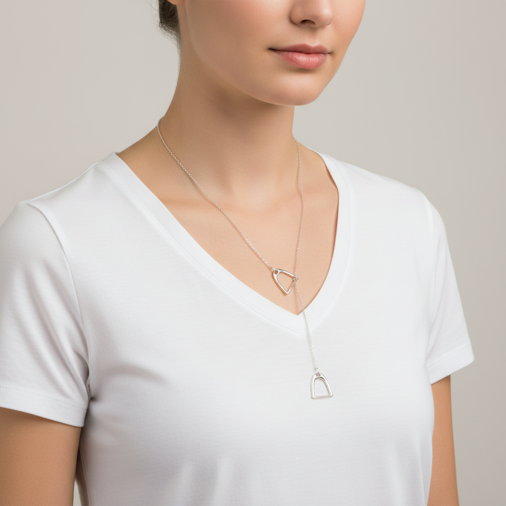 Person wearing a necklace with a stirrup iron pendant on a plain background