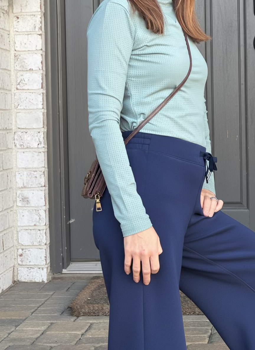 Breathable mesh equestrian base layer in teal with crossover neck shown with navy riding pants