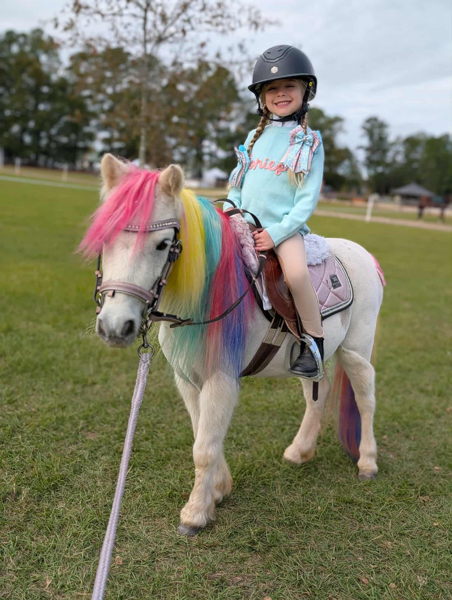 Child riding a small pony with colorful hair in an outdoor setting, wearing a "ponies" sweater