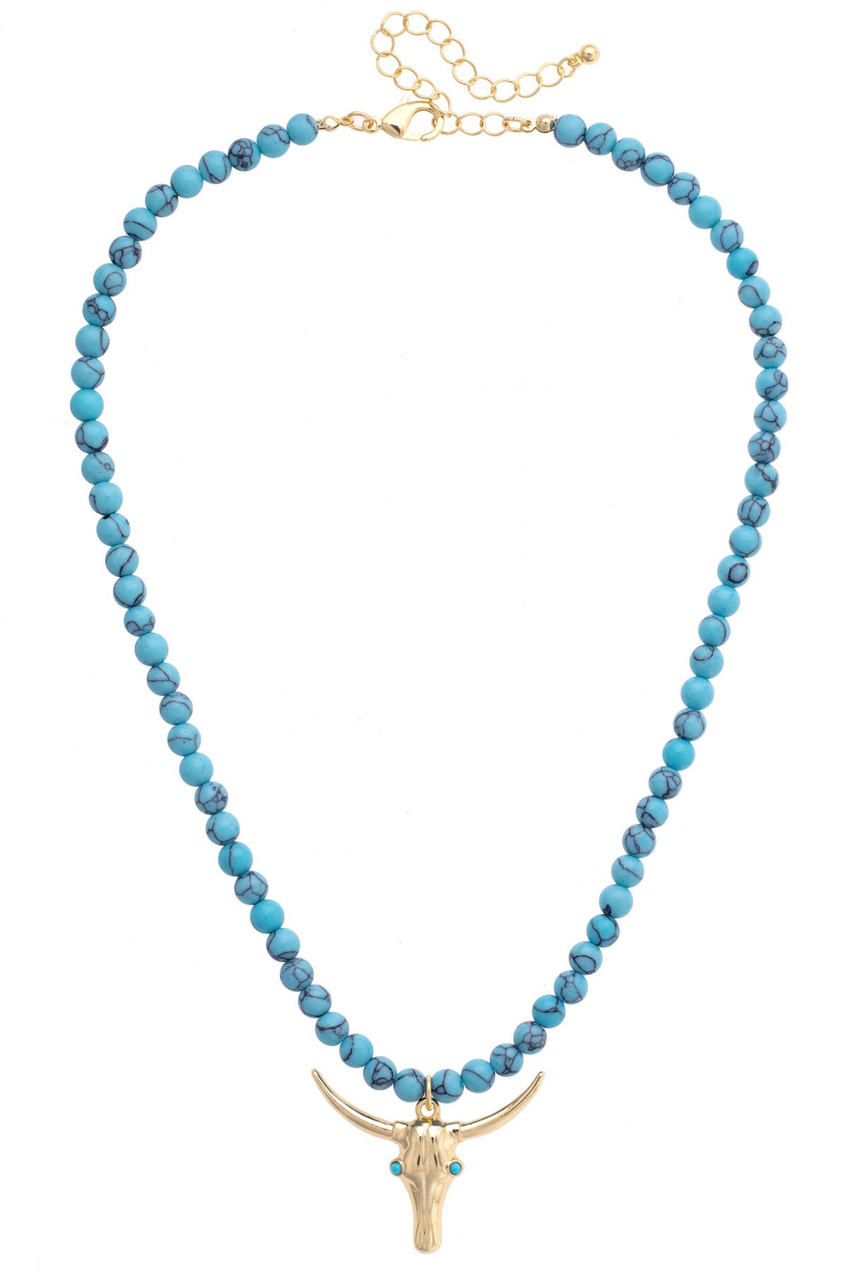 Blue beaded necklace with a gold bull head pendant on a white background