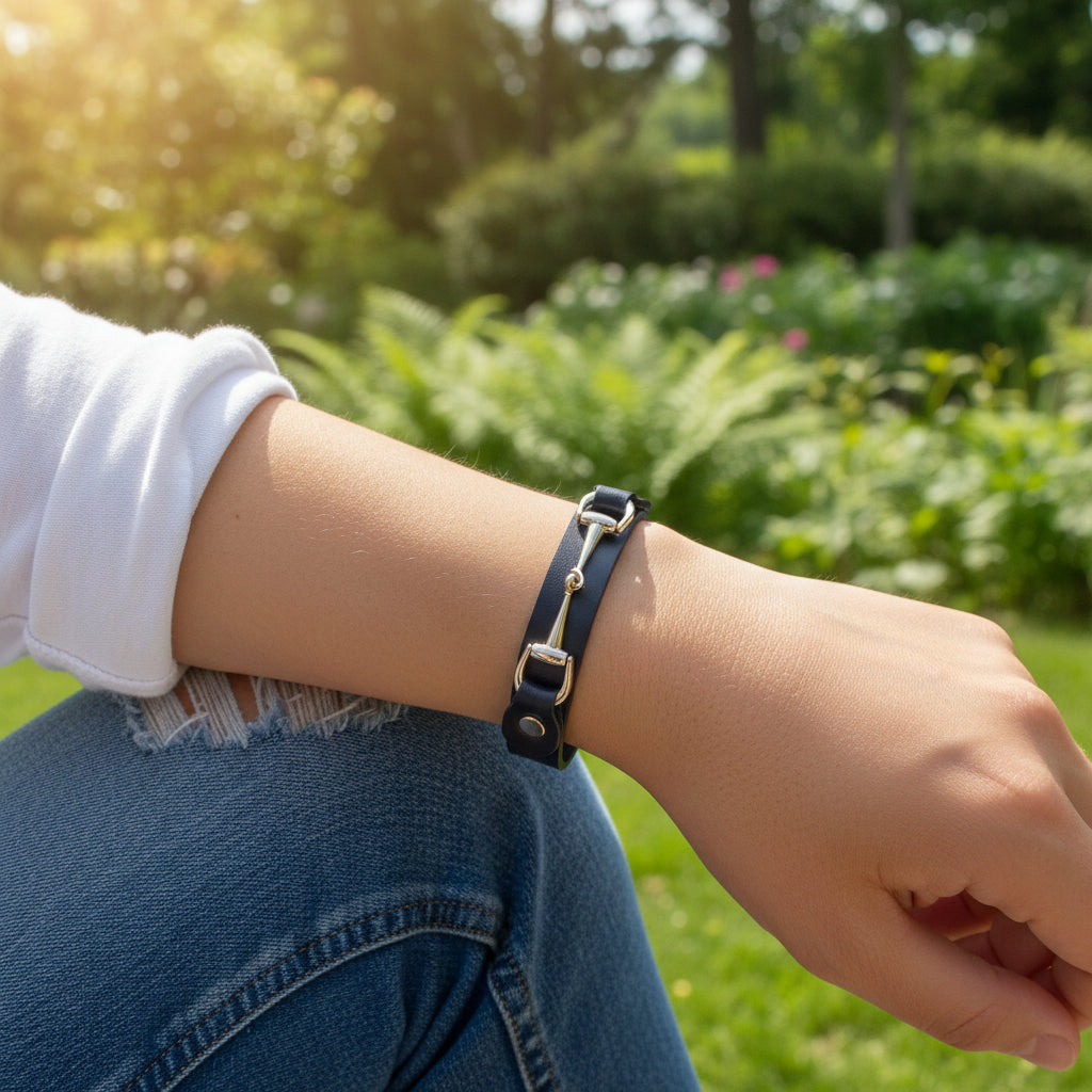 Person wearing a black leather bracelet with a gold horse bit on a blurred green outdoor background